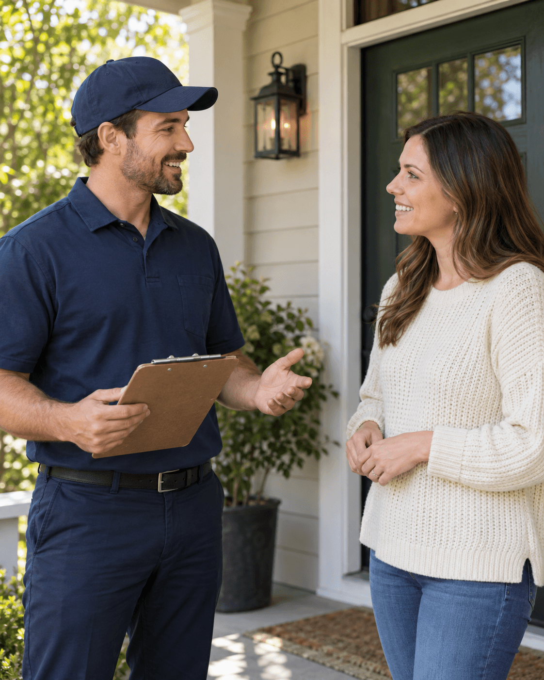 A local professional and a homeowner discussing a job on a welcoming front porch